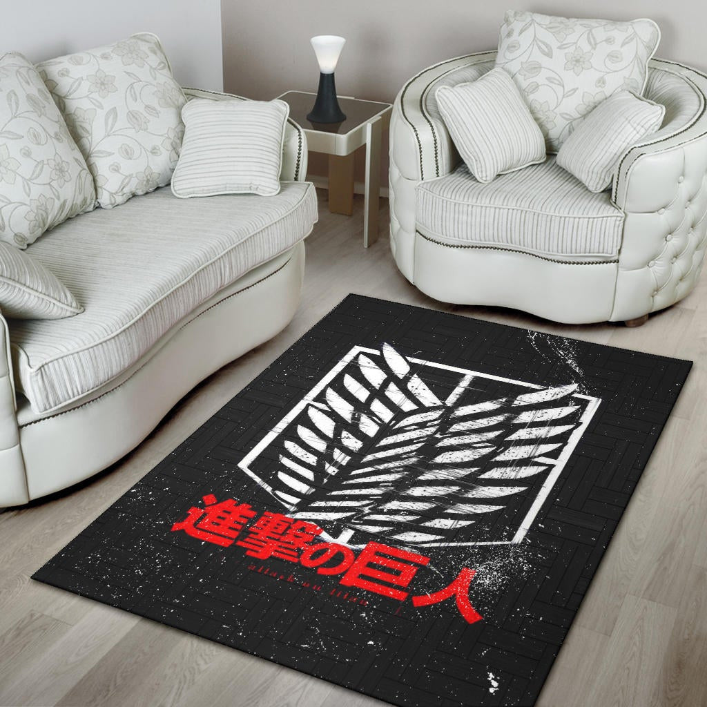 Attack On Titan Anime Area Rug - White Faded Wings Of Free Symbol Red Kanji Rugs Home Decor