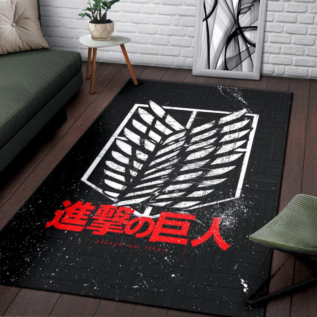 Attack On Titan Anime Area Rug - White Faded Wings Of Free Symbol Red Kanji Rugs Home Decor