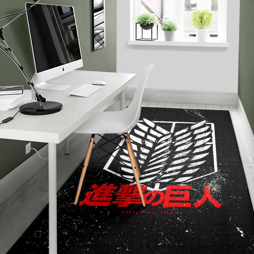 Attack On Titan Anime Area Rug - White Faded Wings Of Free Symbol Red Kanji Rugs Home Decor