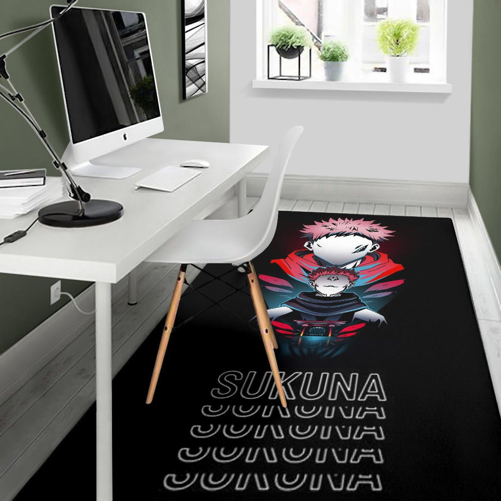 Jujutsu Kaisen Anime Area Rug Sukuna And Yuji No Face White Kanji Patterns Rugs Home Decor