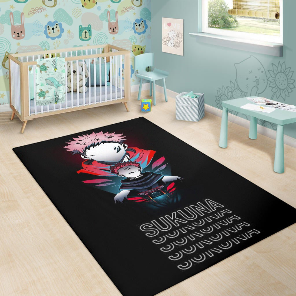 Jujutsu Kaisen Anime Area Rug Sukuna And Yuji No Face White Kanji Patterns Rugs Home Decor