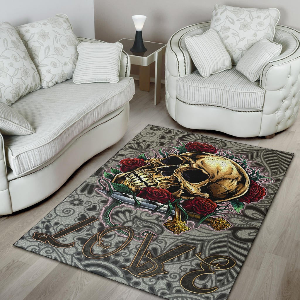 Valentine Area Rug - Golden Skull On Bunch Of Rose Flower Love Rugs Home Decor