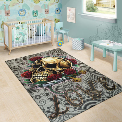 Valentine Area Rug - Golden Skull On Bunch Of Rose Flower Love Rugs Home Decor