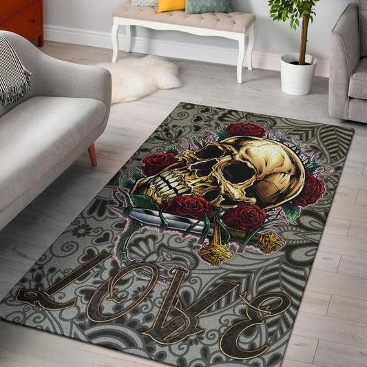 Valentine Area Rug - Golden Skull On Bunch Of Rose Flower Love Rugs Home Decor