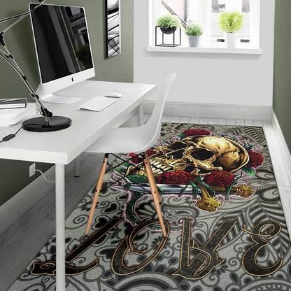 Valentine Area Rug - Golden Skull On Bunch Of Rose Flower Love Rugs Home Decor