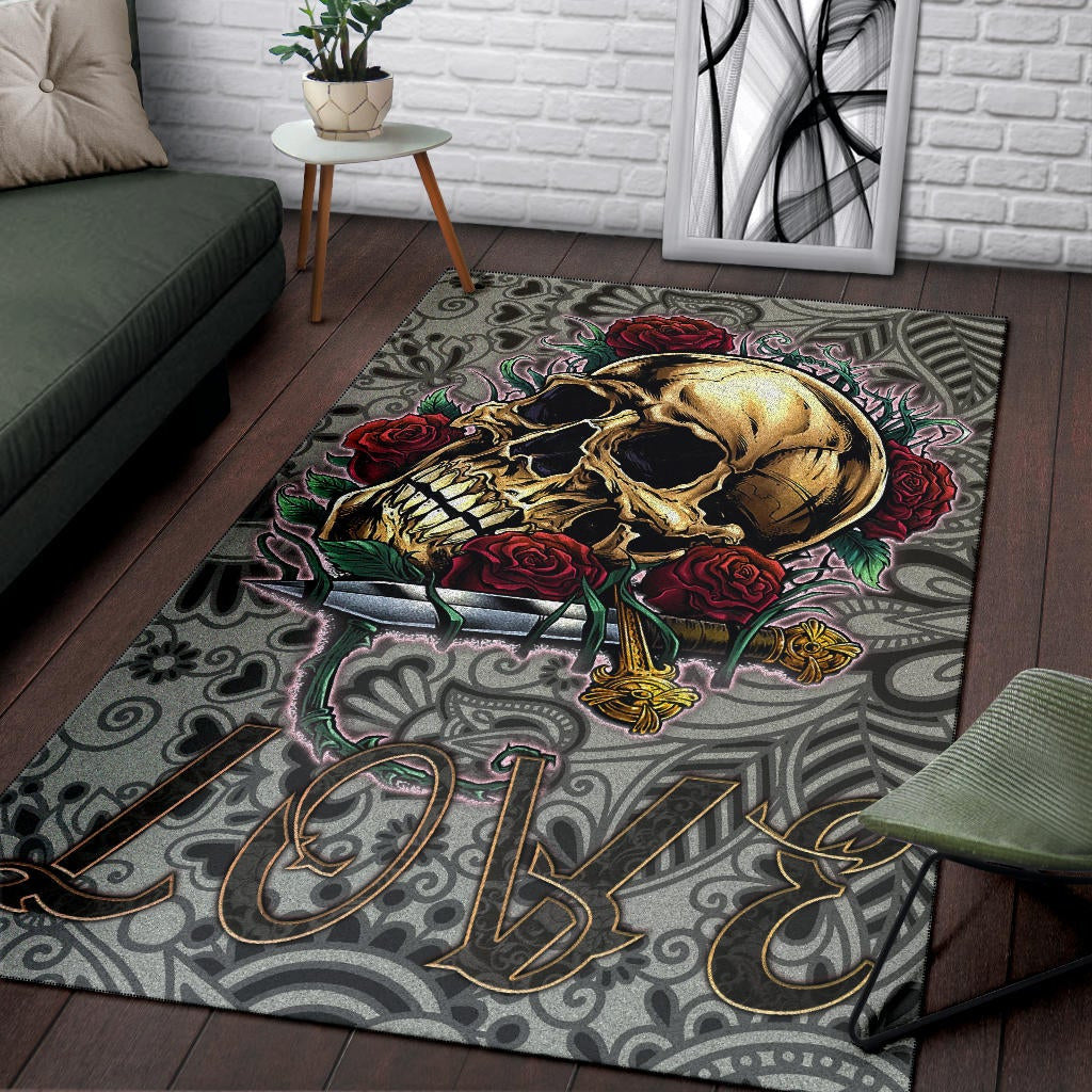 Valentine Area Rug - Golden Skull On Bunch Of Rose Flower Love Rugs Home Decor