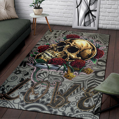 Valentine Area Rug - Golden Skull On Bunch Of Rose Flower Love Rugs Home Decor