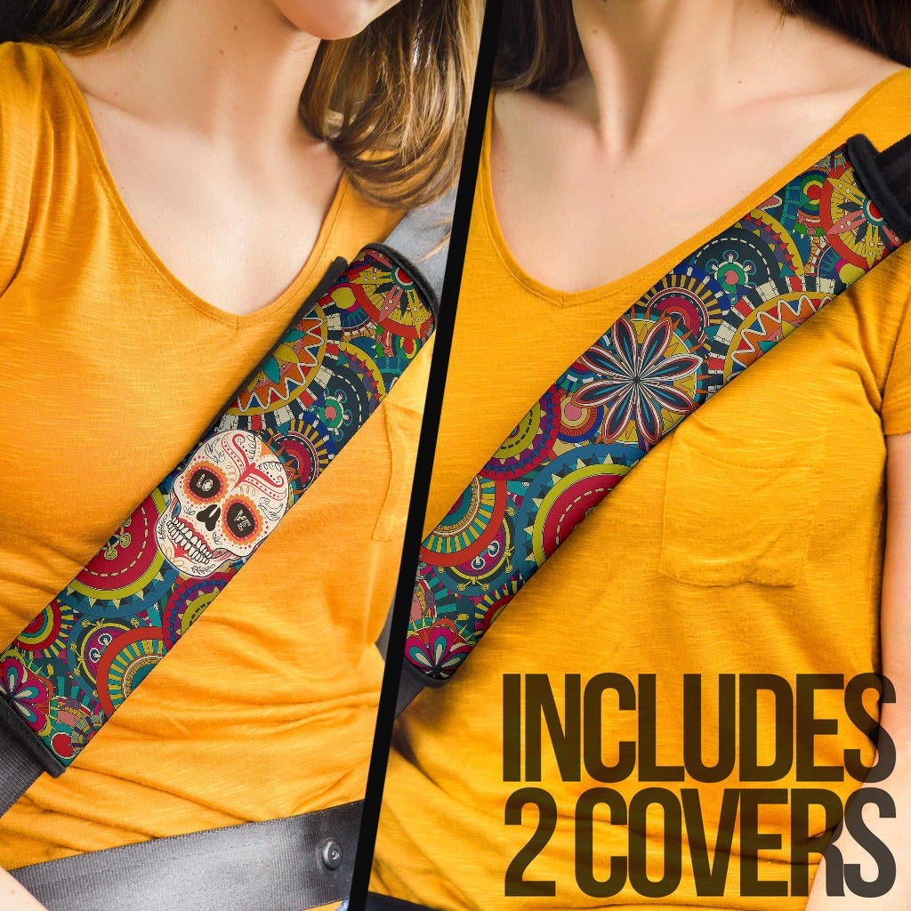 Valentine Seat Belt Covers - Mandala Skull Tattoo Love Eyes Colorful Belt Covers