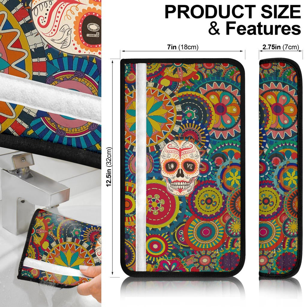 Valentine Seat Belt Covers - Mandala Skull Tattoo Love Eyes Colorful Belt Covers