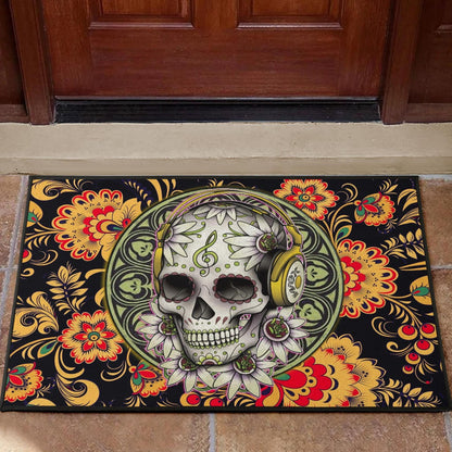 Valentine Door Mat - Mandala Skull Wearing Headphones Orange Artwork Door Mat