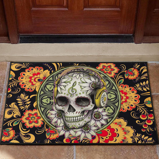 Valentine Door Mat - Mandala Skull Wearing Headphones Orange Artwork Door Mat