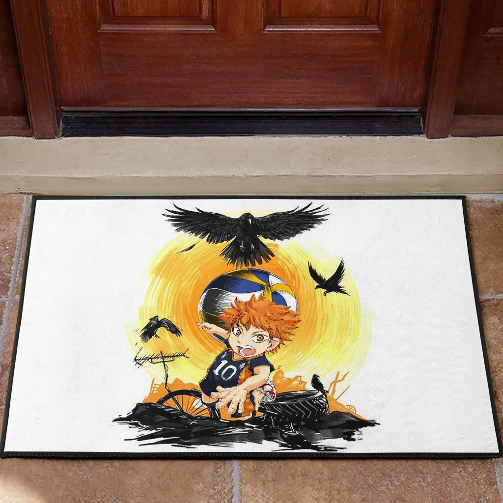 Haikyuu Anime Door Mat - Chibi Shouyou Hinata 10 Playing Volleyball Black Ravens Door Mat