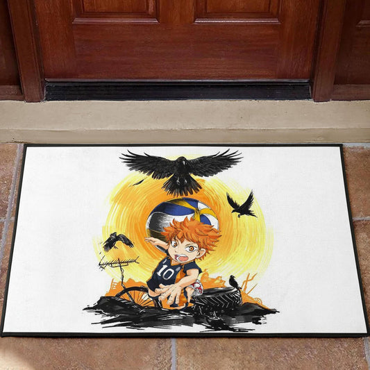 Haikyuu Anime Door Mat - Chibi Shouyou Hinata 10 Playing Volleyball Black Ravens Door Mat