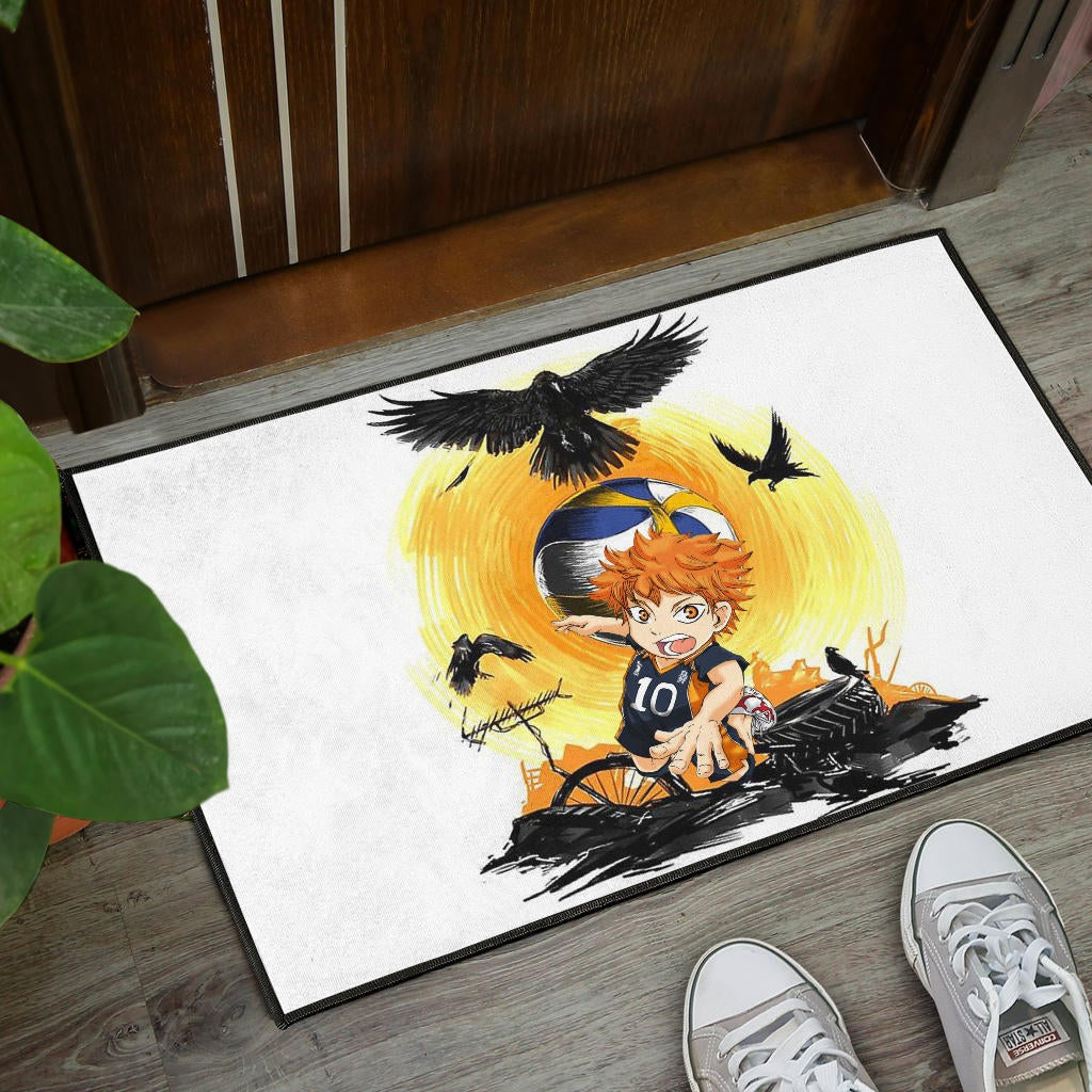 Haikyuu Anime Door Mat - Chibi Shouyou Hinata 10 Playing Volleyball Black Ravens Door Mat