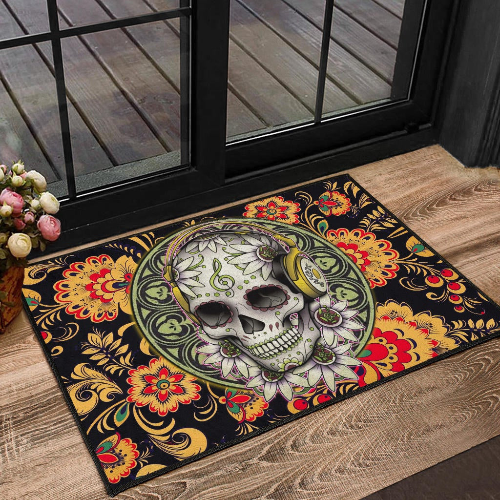 Valentine Door Mat - Mandala Skull Wearing Headphones Orange Artwork Door Mat
