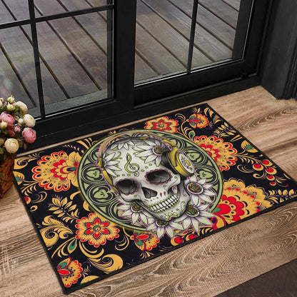 Valentine Door Mat - Mandala Skull Wearing Headphones Orange Artwork Door Mat