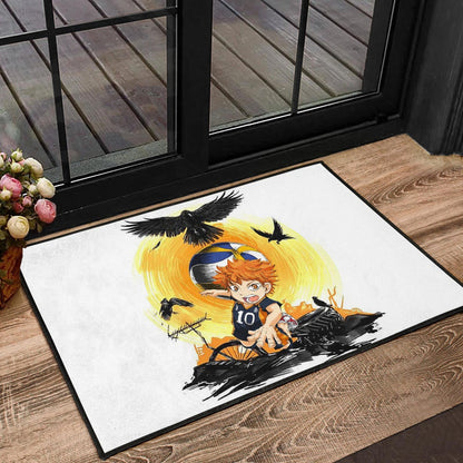 Haikyuu Anime Door Mat - Chibi Shouyou Hinata 10 Playing Volleyball Black Ravens Door Mat
