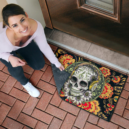 Valentine Door Mat - Mandala Skull Wearing Headphones Orange Artwork Door Mat