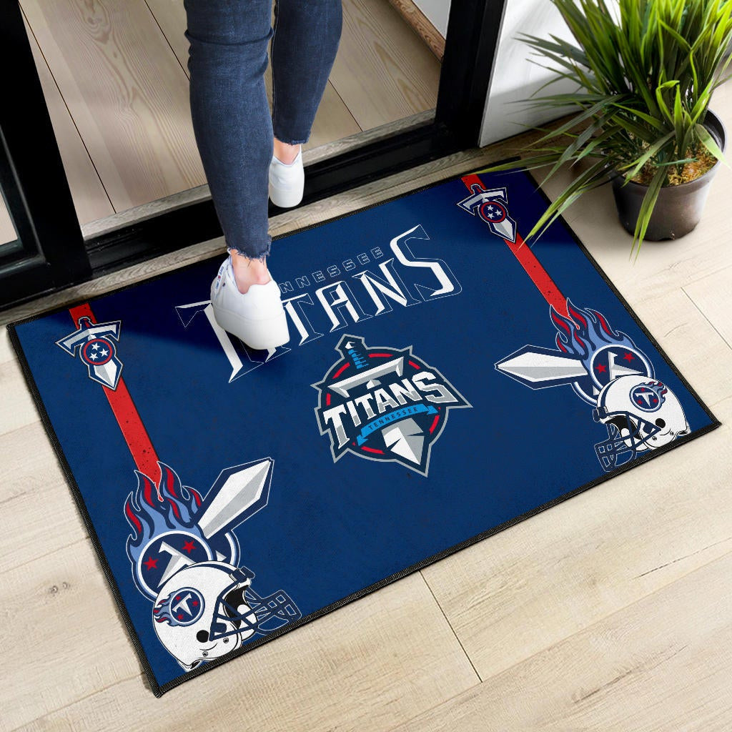 Tennessee Titans American Football Team Door Mat Titans Symbol Helmets With Flaming Ball Shield And Sword Door Mat Home Decor