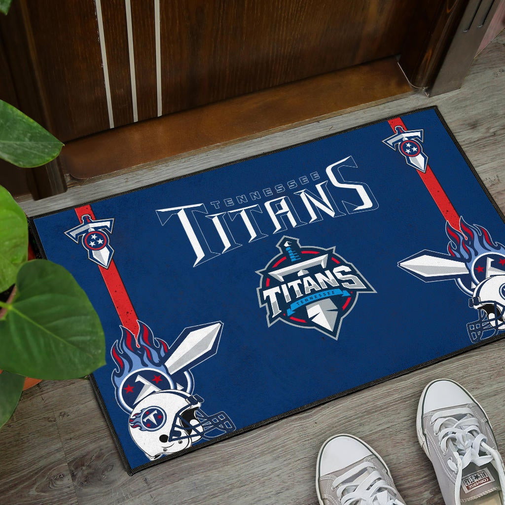 Tennessee Titans American Football Team Door Mat Titans Symbol Helmets With Flaming Ball Shield And Sword Door Mat Home Decor