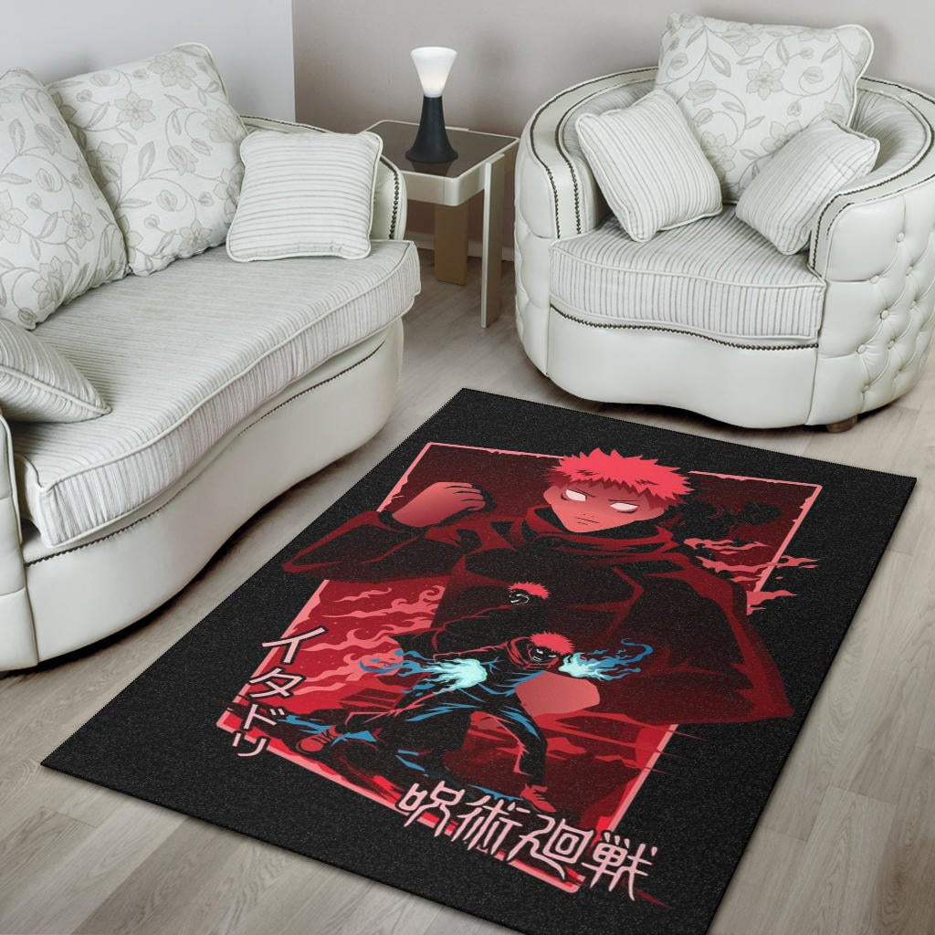 Jujutsu Kaisen Anime Area Rug Sukuna And Yuji  Red Shadow Power Evil Smiling Rugs Home Decor