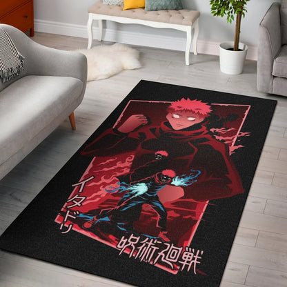 Jujutsu Kaisen Anime Area Rug Sukuna And Yuji  Red Shadow Power Evil Smiling Rugs Home Decor