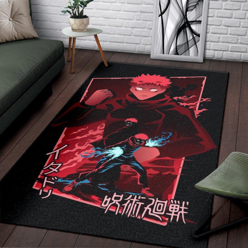 Jujutsu Kaisen Anime Area Rug Sukuna And Yuji  Red Shadow Power Evil Smiling Rugs Home Decor