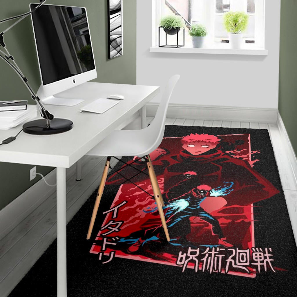 Jujutsu Kaisen Anime Area Rug Sukuna And Yuji  Red Shadow Power Evil Smiling Rugs Home Decor