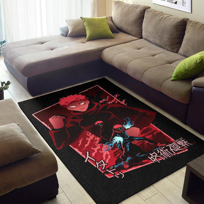 Jujutsu Kaisen Anime Area Rug Sukuna And Yuji  Red Shadow Power Evil Smiling Rugs Home Decor