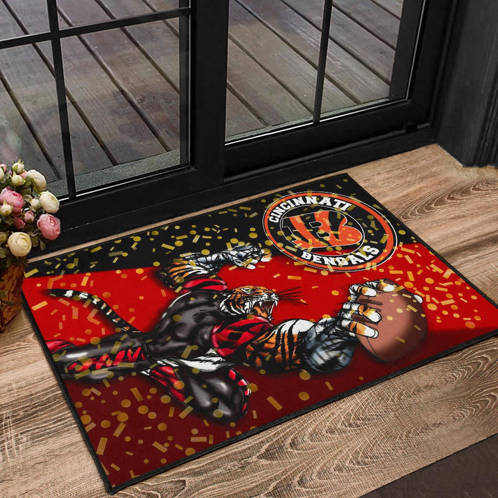 Cincinnati Bengals American Football Team Door Mat Strong Bengal Grabbing Rugby Ball Artwork Door Mat Home Decor