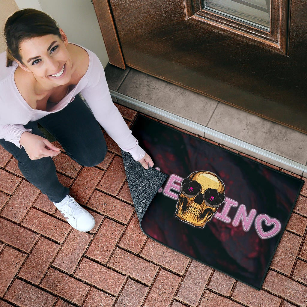 Skull Door Mat - Golden Skull Hearts Eyes Happy Valentino Door Mat Home Decor
