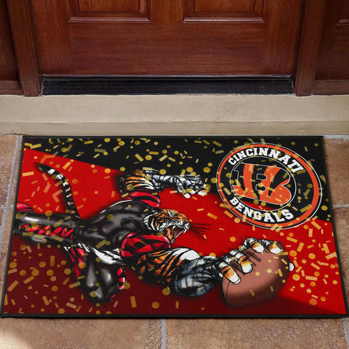 Cincinnati Bengals American Football Team Door Mat Strong Bengal Grabbing Rugby Ball Artwork Door Mat Home Decor