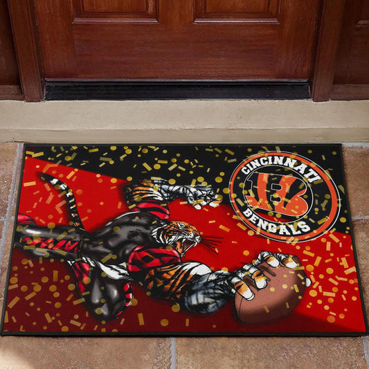 Cincinnati Bengals American Football Team Door Mat Strong Bengal Grabbing Rugby Ball Artwork Door Mat Home Decor