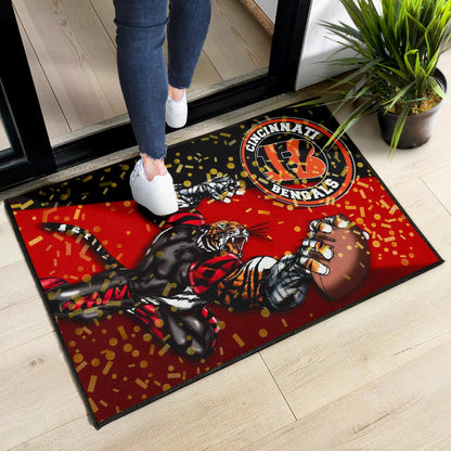 Cincinnati Bengals American Football Team Door Mat Strong Bengal Grabbing Rugby Ball Artwork Door Mat Home Decor