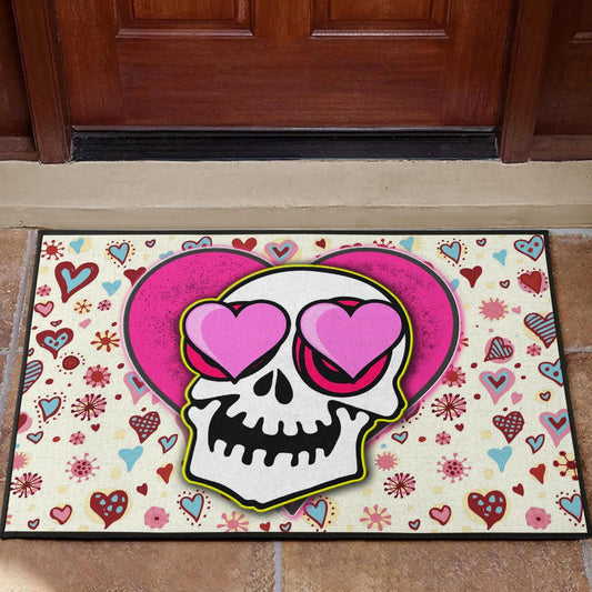 Valentine Door Mat - Skull In Love Heart Eyes Colorful Patterns Door Mat Home Decor