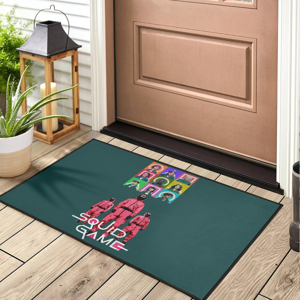 Squid Game Movie Door Mat Players Portrait With Black Masked Boss And Squid Worker Standing Door Mat Home Decor