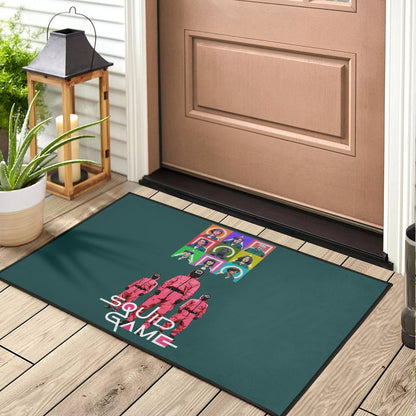 Squid Game Movie Door Mat Players Portrait With Black Masked Boss And Squid Worker Standing Door Mat Home Decor