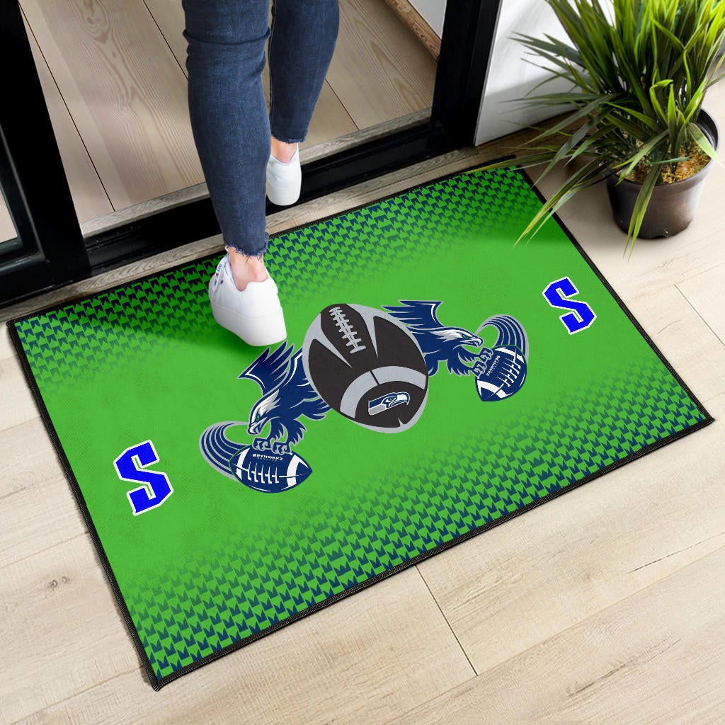 American Football Team Door Mat - Seattle Seahawks With Wings Rugby Balls Green Door Mat Home Decor