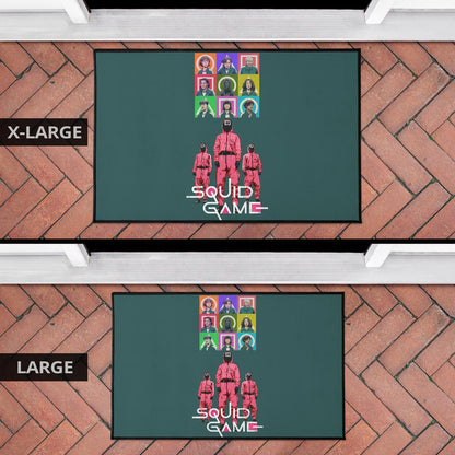 Squid Game Movie Door Mat Players Portrait With Black Masked Boss And Squid Worker Standing Door Mat Home Decor