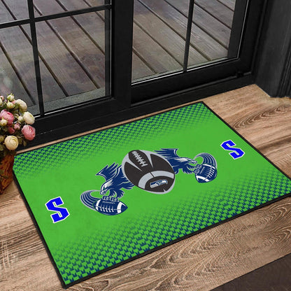 American Football Team Door Mat - Seattle Seahawks With Wings Rugby Balls Green Door Mat Home Decor