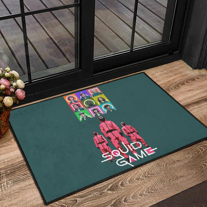 Squid Game Movie Door Mat Players Portrait With Black Masked Boss And Squid Worker Standing Door Mat Home Decor