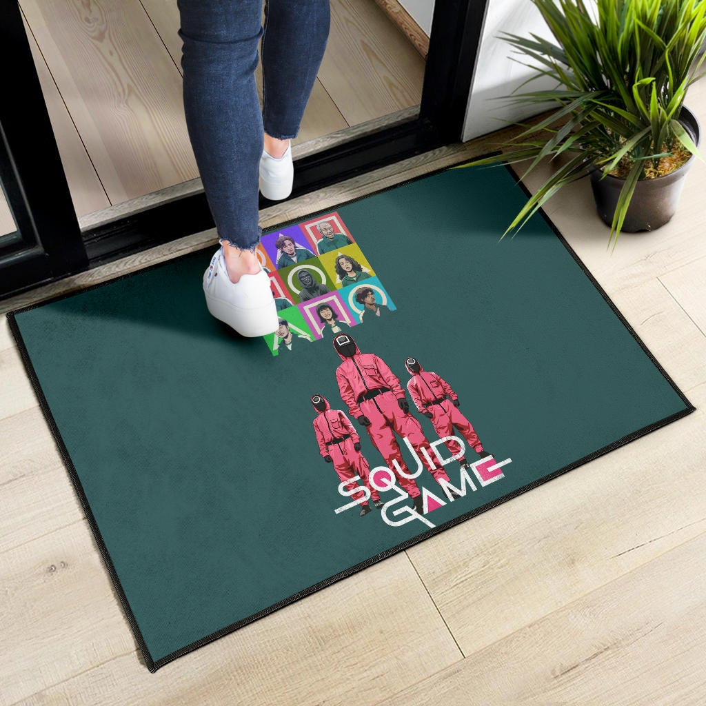 Squid Game Movie Door Mat Players Portrait With Black Masked Boss And Squid Worker Standing Door Mat Home Decor