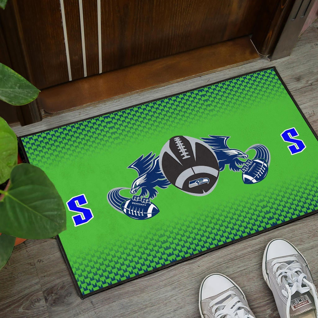 American Football Team Door Mat - Seattle Seahawks With Wings Rugby Balls Green Door Mat Home Decor