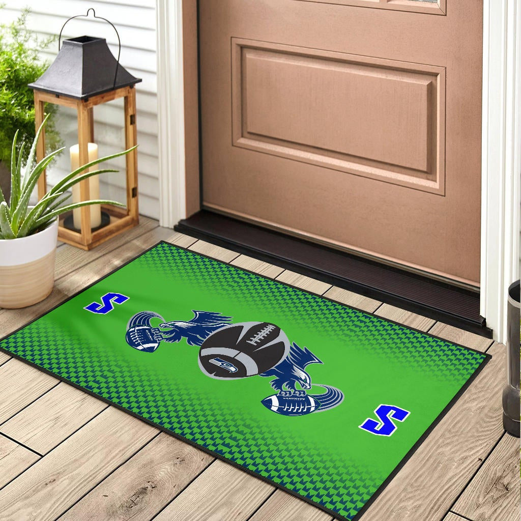 American Football Team Door Mat - Seattle Seahawks With Wings Rugby Balls Green Door Mat Home Decor