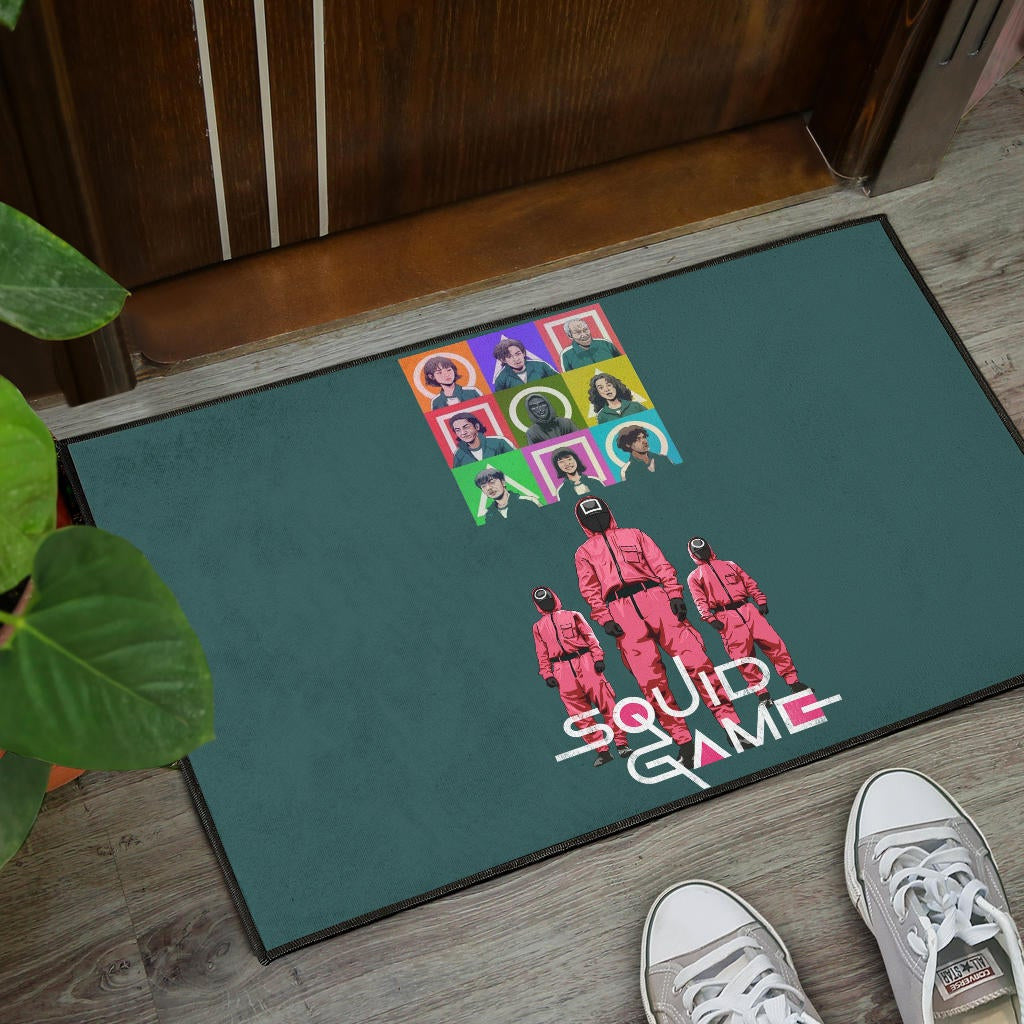 Squid Game Movie Door Mat Players Portrait With Black Masked Boss And Squid Worker Standing Door Mat Home Decor