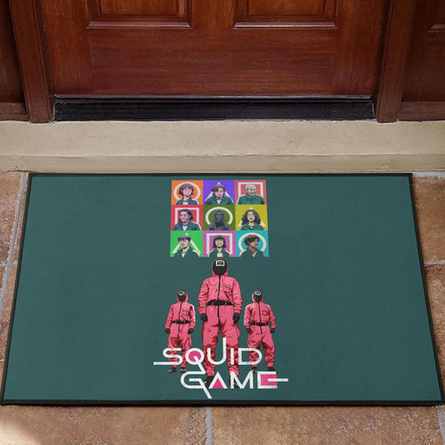 Squid Game Movie Door Mat Players Portrait With Black Masked Boss And Squid Worker Standing Door Mat Home Decor