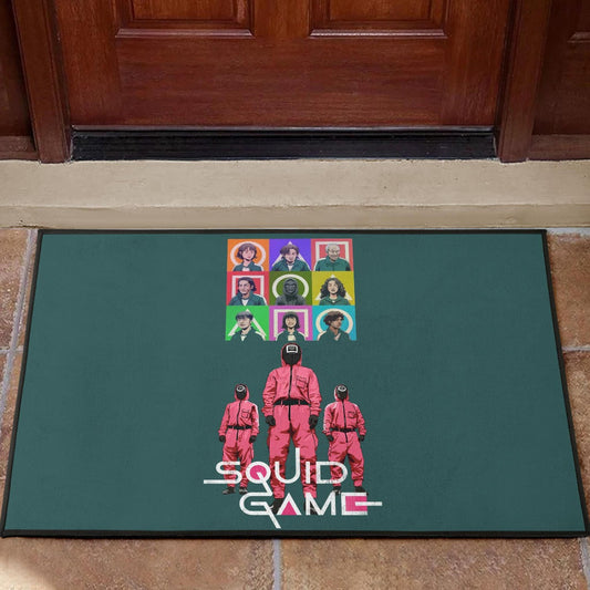Squid Game Movie Door Mat Players Portrait With Black Masked Boss And Squid Worker Standing Door Mat Home Decor