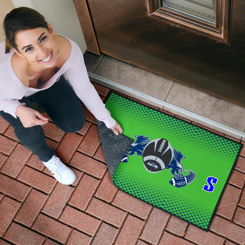 American Football Team Door Mat - Seattle Seahawks With Wings Rugby Balls Green Door Mat Home Decor