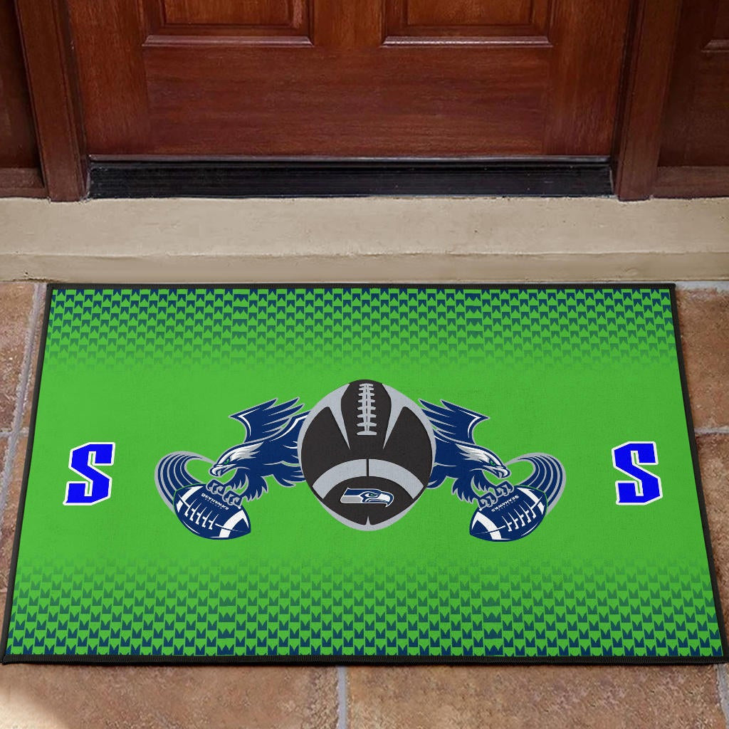 American Football Team Door Mat - Seattle Seahawks With Wings Rugby Balls Green Door Mat Home Decor