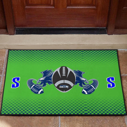 American Football Team Door Mat - Seattle Seahawks With Wings Rugby Balls Green Door Mat Home Decor